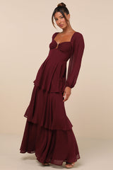 Tier to Enchant Burgundy Long Sleeve Tiered Maxi Dress
