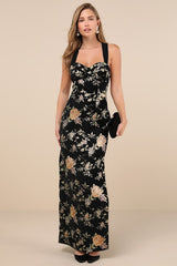 Pemberley Black Jacquard Lace-Up Maxi Dress