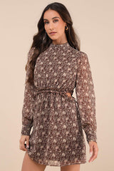 Autumn Bliss Brown Floral Print Long Sleeve Cutout Mini Dress