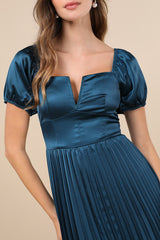 Flawless Forever Teal Satin Pleated Midi Dress
