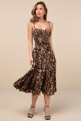 Enticing Invite Brown Leopard Print Pleated Midi Dress