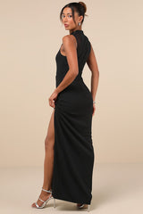 Irresistibly Modern Black Mesh Mock Neck Maxi Dress