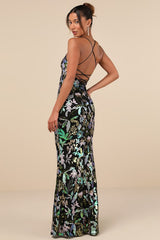 Glittering Icon Black Iridescent Sequin Lace-Up Maxi Dress
