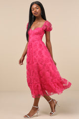 Notable Elegance Fuchsia Mesh Floral Applique Bustier Midi Dress