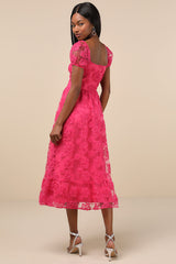 Notable Elegance Fuchsia Mesh Floral Applique Bustier Midi Dress