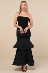 Immense Drama Black Strapless Tiered Jacquard Maxi Dress