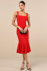 Moment Maker Red Square Neck Trumpet Midi Dress