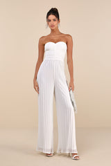 Certainly Charming White Pleated Strapless Wide-Leg Jumpsuit