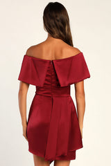 Always Celebrating Burgundy Satin Off-the-Shoulder Mini Dress