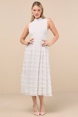 Happily Sweet White Mock Neck Backless Midi Dress