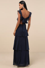 Elegant Event Navy Ruffled Tie-Back Tiered Maxi Dress