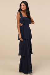 Elegant Event Navy Ruffled Tie-Back Tiered Maxi Dress
