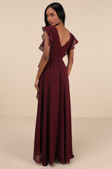 Ravishing Charm Burgundy Ruffled Wrap High-Low Maxi Dress