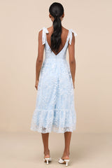 Distinctly Sweet Blue Floral Embroidered Tie-Strap Midi Dress