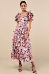 Stunning Desire Pink Floral Satin Pleated Tiered Midi Dress