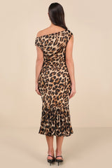 Carden Beige Leopard Print Asymmetrical Midi Dress