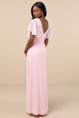 Convincing Grace Light Blush Flutter Sleeve Wrap Maxi Dress