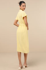 Italian Summer Light Yellow Linen Button-Up Short Sleeve Dress