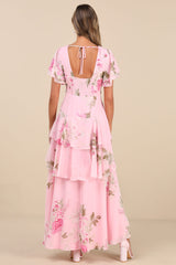Midnight Mood Pink Floral Print Tiered Maxi Dress