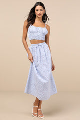 Delightful Blue Gingham Two-Piece Midi Dress