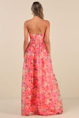 Wonderful Waltz Coral Floral Print Strapless Bustier Maxi Dress