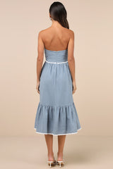 Delightful Design Dusty Blue Polka Dot Midi Dress With Pockets