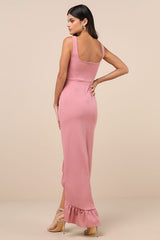 Immaculate Excellence Pink Sleeveless Ruffled Tulip Maxi Dress