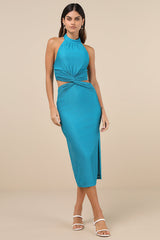 Poised Attitude Teal Halter Cutout Twist-Front Midi Dress