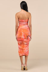 Vania Orange Abstract Mesh Ruched Strapless Midi Dress