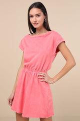 Definite Beauty Washed Coral Pink Short Sleeve Mini Dress