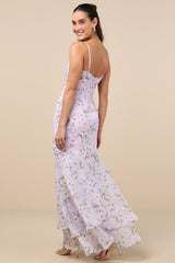 Pure Splendor Lavender Floral Organza Trumpet Maxi Dress
