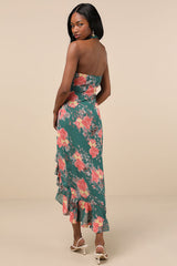 Elegant Entrance Teal Green Floral Print Halter Maxi Dress
