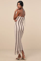 Hedia Beige Striped Crochet Halter Fringe Midi Dress
