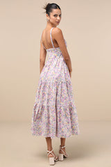 Brightly Blossoming Pink Multi Floral Tiered Midi Dress
