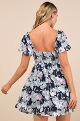 Fresh Florals Navy Floral Print Puff Sleeve Mini Dress