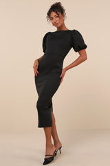 Simply Beloved Black Puff Sleeve Bodycon Midi Dress