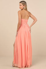 Luxe Favorite Peach Pink Strapless Ruched Maxi Dress