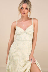 Darling Favorite Yellow Floral Sleeveless Pleated Midi Dress