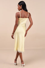 Raenne Light Yellow Crinkle Satin Lace Midi Slip Dress