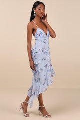 Saveria Light Blue Floral Ruffled Asymmetrical Maxi Dress