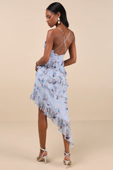 Saveria Light Blue Floral Ruffled Asymmetrical Maxi Dress