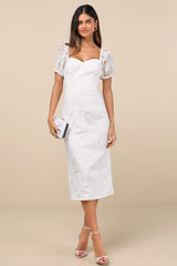 Odetta White Burnout Puff Sleeve Lace-Up Midi Dress