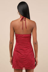 Letitia Dark Red Embroidered Halter Mini Dress