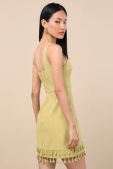 Feel the Sunshine Chartreuse Linen Tassel Mini Dress