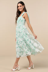 Proof of Perfection Mint Green Floral Tiered Tie-Strap Midi Dres