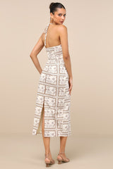 Asiya Beige Stamp Print Halter Midi Dress