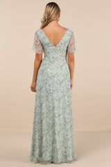 Dreamiest Desires Sage Green Floral Flutter Sleeve Maxi Dress