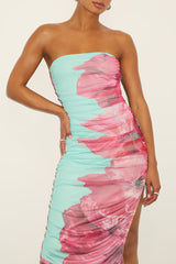 Jeanna Aqua and Pink Floral Mesh Midi Dress