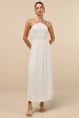 Cosma Ivory Beaded Crochet Knit Halter Midi Dress