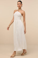 Cosma Ivory Beaded Crochet Knit Halter Midi Dress